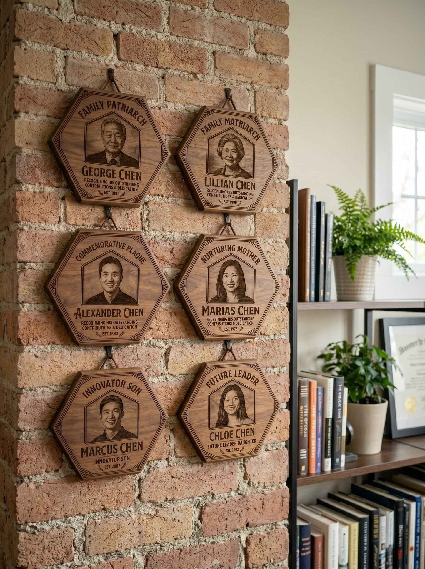 Hexonal wooden plaque for family tree