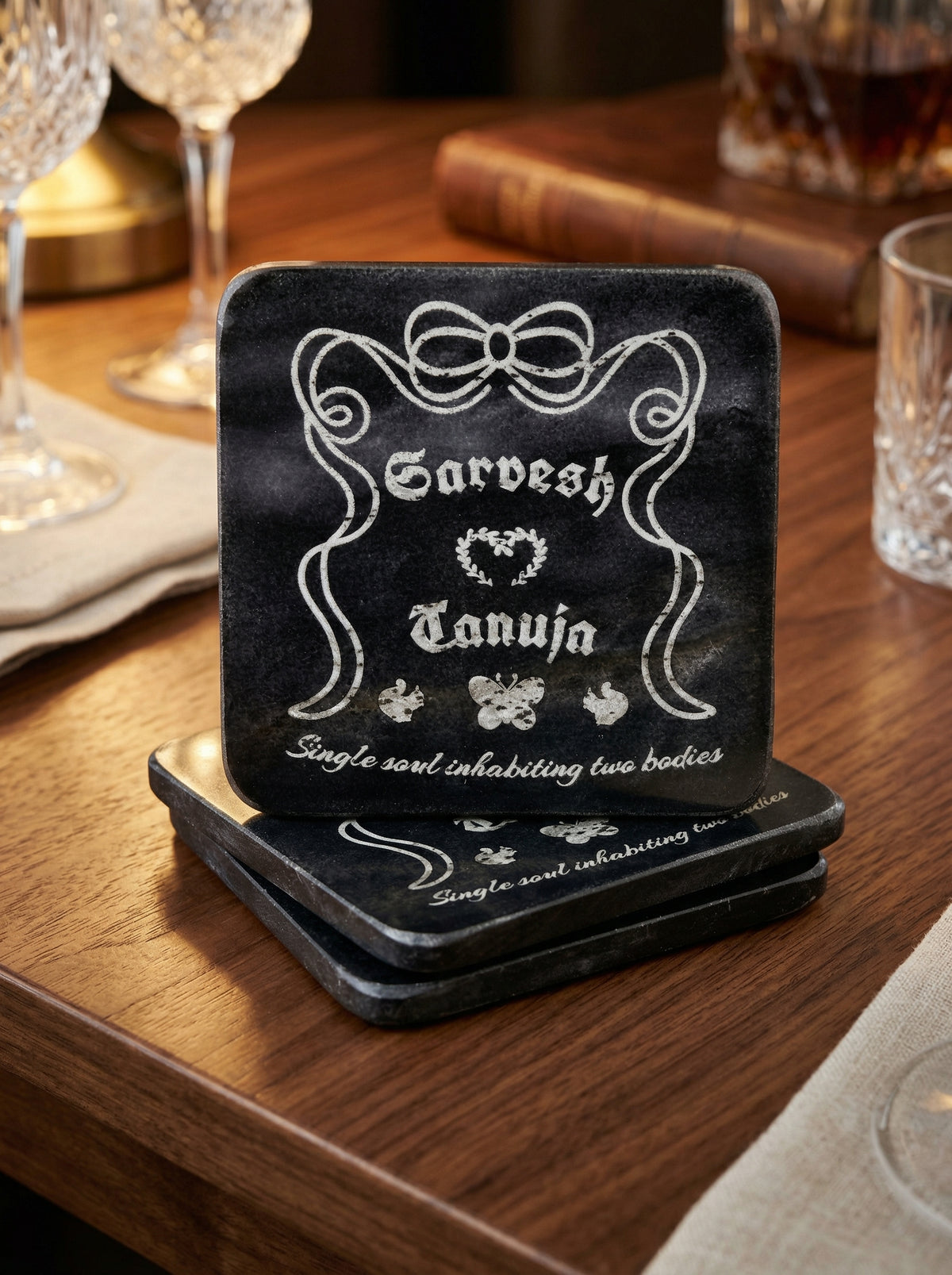 Personalized Black Stone Coasters Set of 4 - Customizable Drinkware - Lipi