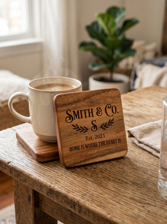 Personalized Wooden Coasters - Premium Hand-Finished Engraved Set of 4 - Lipi