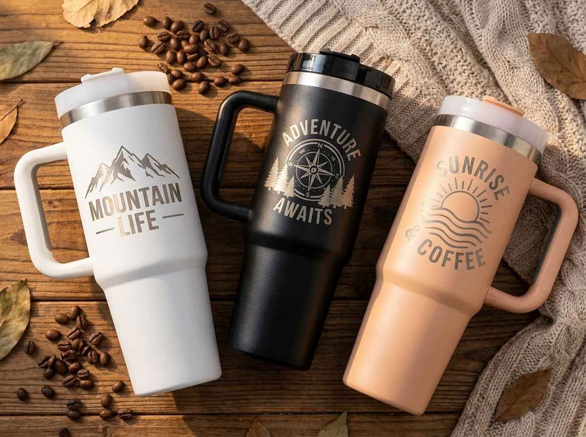 The Nomad Insulated Travel Tumbler with Handle | Custom Laser Engraved