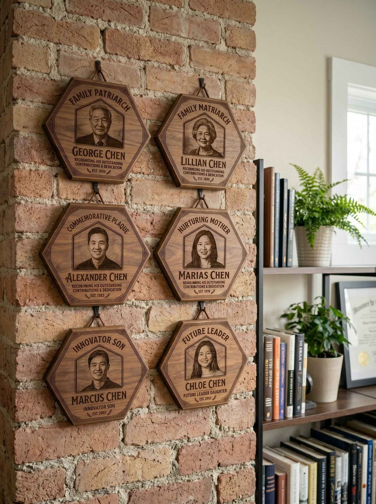 Hexonal wooden plaque for family tree