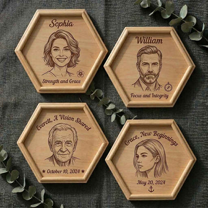 Hexonal wooden plaque for family tree
